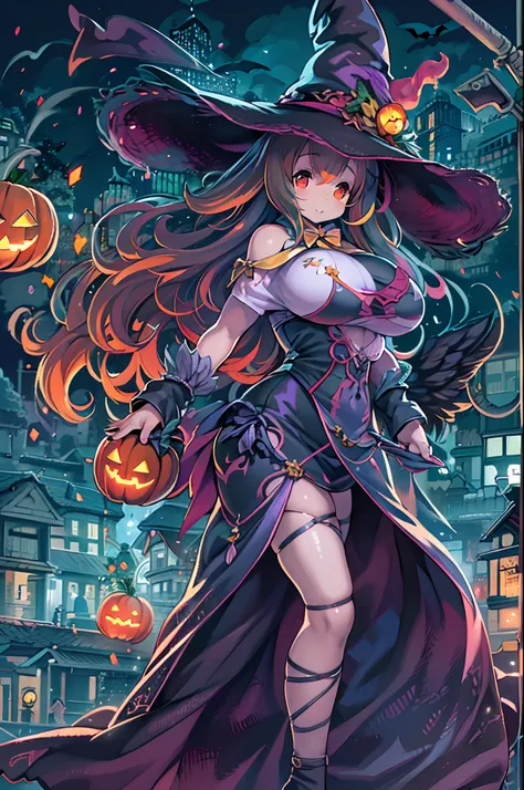 masutepiece, Best Quality, Charming Halloween Witches, Random coloring,2D, planar vector, T-shirt design, Colorful splashes, Fantasy Art, Watercolor effect,Digital Painting, white bg, 8K、night cityscape,bbw,Anime style、huge-breasted、BBW