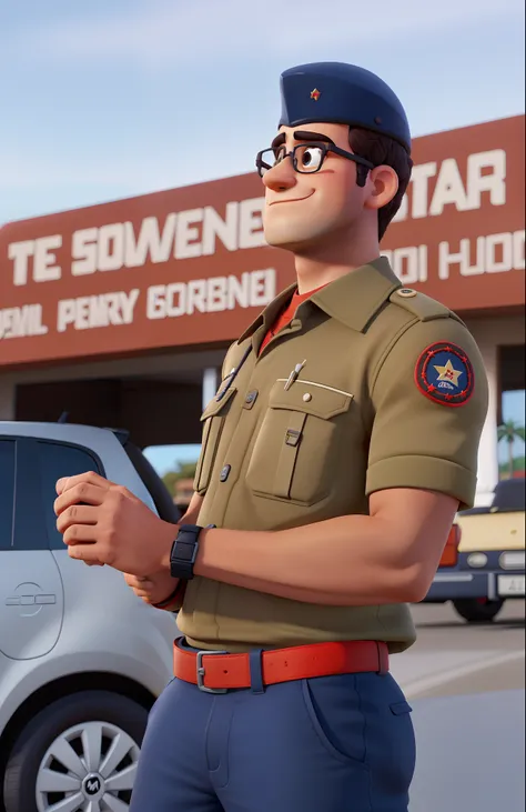 Um homem, bombeiro, com cinto de cor vermelho, com fivela dourada, escrito ao fundo de bombeiro militar, Dark oculs, estilo disney pixar, alta qualidade, com todos os detalhes, melhor qualidade