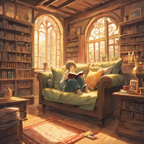 (best quality,ultra-detailed,realistic),a man reading a book,pixar cartoon style,soft lighting,cozy atmosphere,colorful,bookshelf,reading glasses,reading nook,peaceful,paperback book,relaxed posture,warm colors,bookmarks,whimsical characters,fantastical wo...