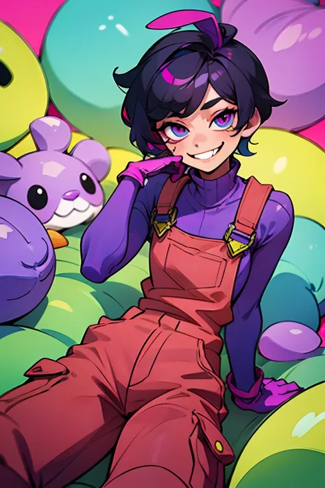 kpop boy wearing a soft purple turtle neck outfit, with a pink fuchsia-colored overalls , yellow gloves, smile with teeth showing tongue out with saliva, purple rabbit ear, smirk rizz face, laying down, shy,