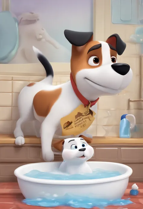 Make a chubby man with short hair working in a bath and grooming , como Disney Cartoon, Shes cutting the fur of a cute white and black Pixar jack russell, ......3d, Disney, cartaz da pixar