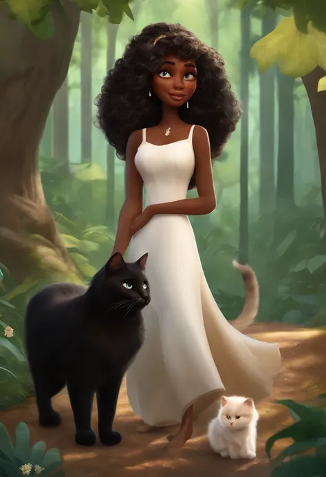 A dream girl inspired by Pixar Animation who is walking in the woods. The character is a Brazilian with dark skin, has long hair with bangs, brown eyes and hair, stands out with captivating facial expressions, offering a touch of unreality, is accompanied ...