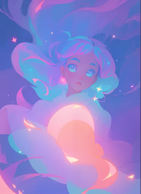 beautiful anime girl in colorful flowing ballgown, shimmering peach pink purple ballgown, blue pink and purple colors, vibrant pastel colors, (colorful), magical lights, magic circle of blue light, sparkling lines of light, inspired by Glen Keane, inspired...