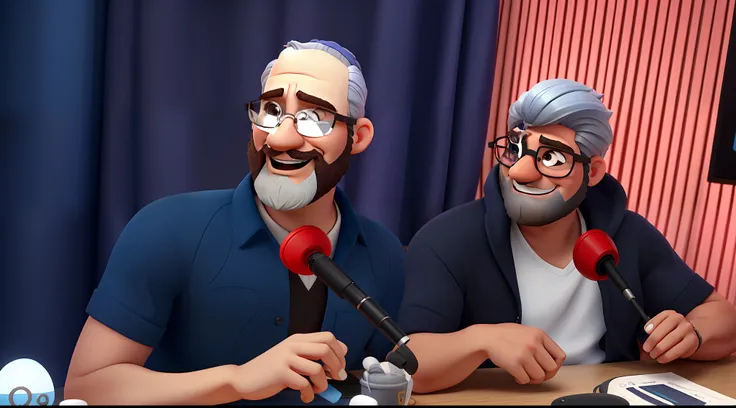 Poster no estilo disney pixa. Um homem branco com barba e cabelos baixo estilo disney pixa e mulher gordinha com oculos e chapeu em podcast com microfones vermelhos sorrindo estilo pixa, com cortinas azul marinho no fundo, alta qualidade e melhor qualidade