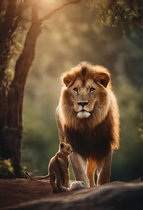 A lion protecting a baby, Cinematic and realistic image