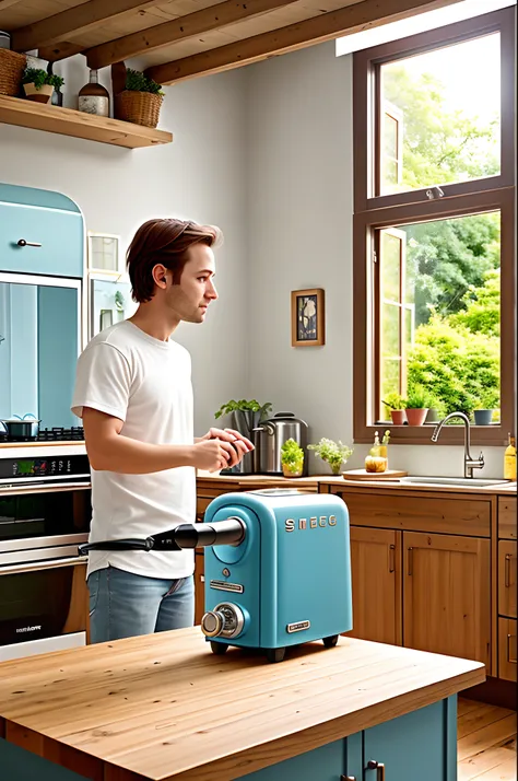 A Disney Pixar style man with a Smeg brand mixer baby blue color and a wooden counter and background an affective kitchen with a window to a beautiful garden.