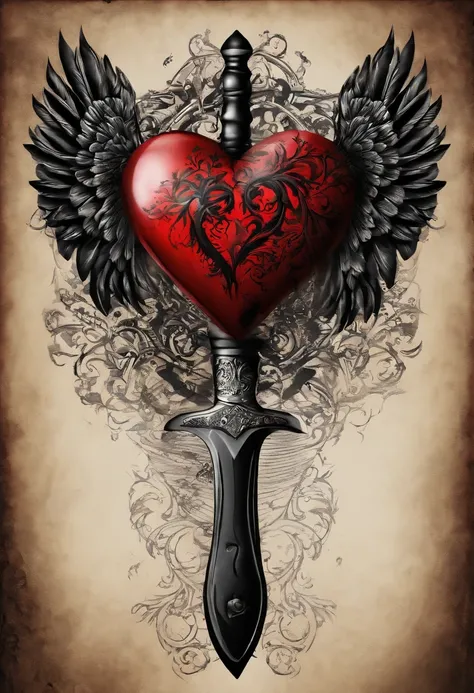 Black and red tattoo with a winged heart and a knife behind the broken heart vintage style