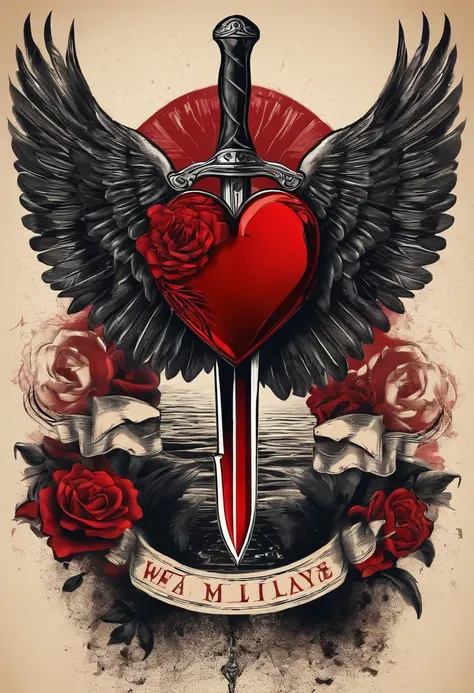 Black and red tattoo with a winged heart and a knife behind the broken heart vintage style