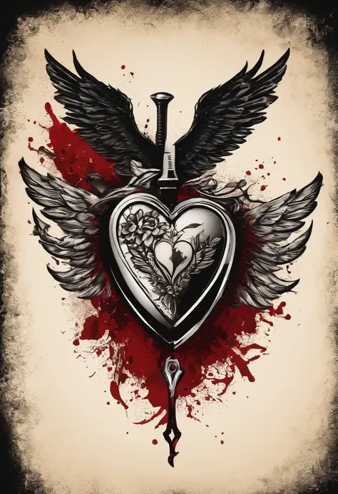 Black and red tattoo with a winged heart and a knife behind the broken heart vintage style