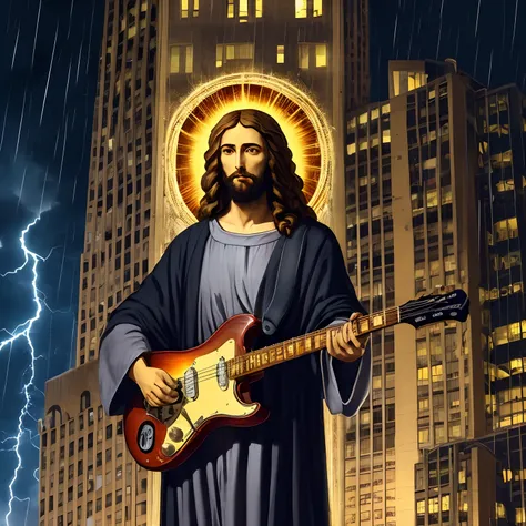 Jesus, on a building, night, city, electric guitar, lightning, heavy metal, Jesus Christ, cool, rain, thunder