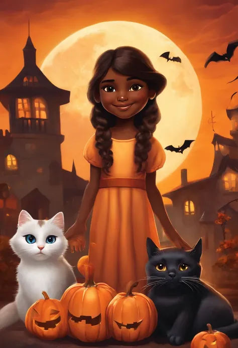 Image of a 10 year old girl inspired by Pixar who is manipulating infusions. The character is a Brazilian woman with medium-tone dark skin, has long hair with bangs, brown eyes and hair, stands out with captivating facial expressions, celebrates Halloween,...