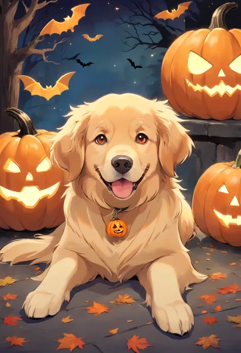 (um Golden Retriever vestindo fantasias de Halloween),oil painting,textura detalhada do pelo,Expressive eyes and facial features,fundo festivo,Playful and naughty pose,(best quality,alta resolução,circunstanciado:1.2),(Realistic,fotorrealista:1.37),paleta ...