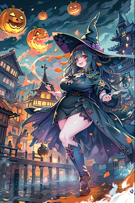 masutepiece,Charming Halloween Witches, Random coloring,2D, planar vector, T-shirt design, Colorful splashes, Fantasy Art, Watercolor effect,Digital Painting, white bg, 8K、night cityscape,bbw,Anime style、huge-breasted、BBW