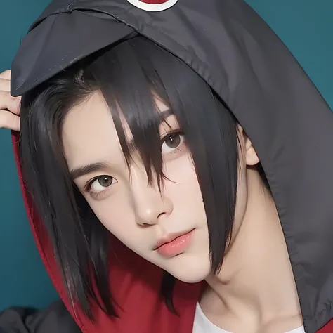 A man with realistic black hair, realistic Korean handsome face, realistic cool expression, wearing a realistic crow costume, adapting the exact same clothes,Realistic light, realistic shadows, realistic background