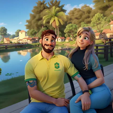 romantic couple, sunny day, homem com barba, mulher loira com olho verde,  igual aos filmes Disney Pixar