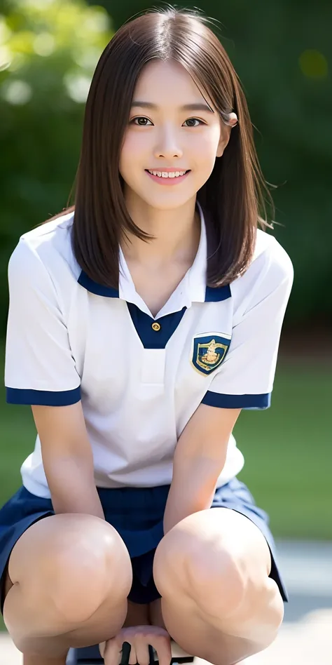 neat college girl, petite person, (school uniform, summer uniform, short sleeves), outside the athletic field, (slim, small, flat, small), photorealistic, detail, skin texture, super detail, delicate and sexy collarbone, smile, super detailed face, detaile...