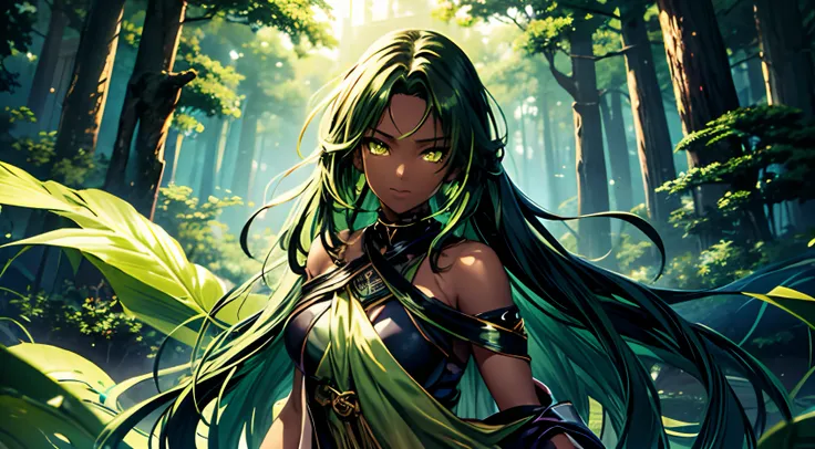 Beautiful girl, green hair, green eyes, dark skin, mystical forest, confident look, anime, long hair, dark skin