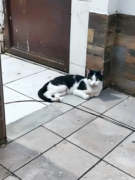 Black and white cat lying on the ground, com olhos verdes, Best Definition, melhor qualidade