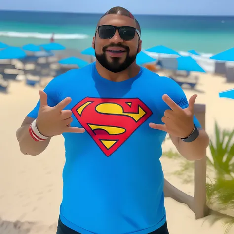 Homem Arafed em uma T Superman - Camisa em uma praia, puerto rican super hero, pose do super-homem, Superman emergindo do sol, Super-homem, lucas graziano, superman is high, Abrace o Superego, Dwayne Johnson como Superman, Gabe Newell como um Superman, ins...