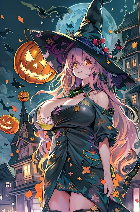 masutepiece,Charming Halloween Witches, Random coloring,2D, planar vector, T-shirt design, Colorful splashes, Fantasy Art, Watercolor effect,Digital Painting, white bg, 8K、night cityscape,bbw,Anime style、huge-breasted、BBW