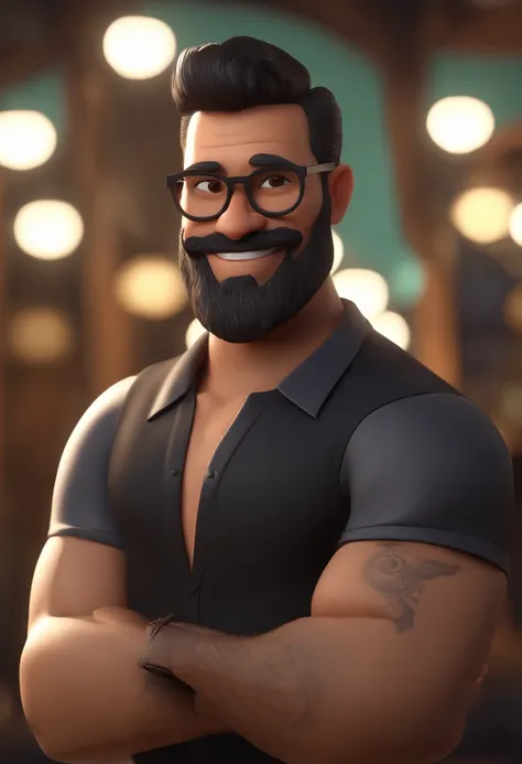 Cartoon character of a man with black glasses and a black polo shirt, cabelo liso, With beard and old school tattoo on his arm, SORRIDENTE E BONITO, animation character, Caractere estilizado, animation style rendering, 3D estilizado, Arnold Maya render, 3 ...