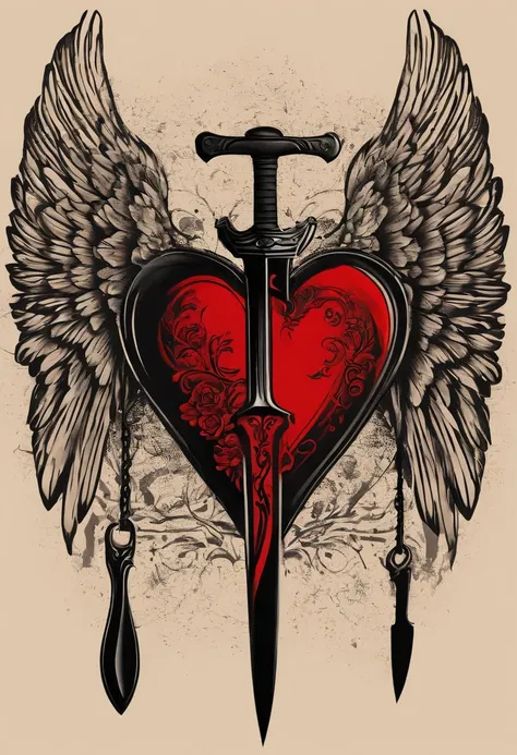 Black and red tattoo with a winged heart and a knife behind the broken heart vintage style in the 70s