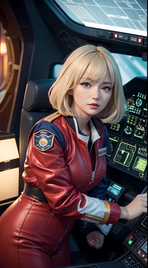 (hyper realstic)、Future Female Pilots、
immensity　Beautie　high-level image quality　hight resolution　Realistic　Shorthair　a blond、　blond woman in a、A MILF、Middle-aged woman、((Big big))、detailed skin textures、超A high resolution、Realistic、Voluptuous body shape、...