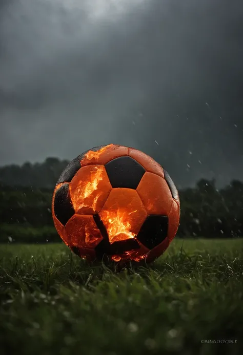 Crie para uma mim imagem de um campo de futebol, com crateras causadas pela chuva de fogo. Quero uma chuva de fogo bem realista na imagem