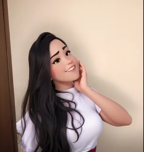 Um close up de uma mulher com uma camisa branca e um fundo branco, retrato uma mulher como mulan , com cabelo escuro e longo, morena, olhos escuros, brasileira, jovem, Disney pixel melhor qualidade,