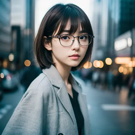 best quality,4k,8k,highres,masterpiece:1.2,ultra-detailed,(realistic,photorealistic,photo-realistic:1.37),Japanese girl with glasses,short hair,angled face,looking downwards,emphasis on detailed eyes and lips,modern fashion style,soft lighting,subtle color...