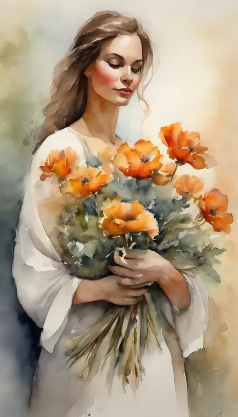 Beautiful, altamente detalhado, high resolution, 8k Um cara pressiona o nariz contra o dela,  Shes holding a bunch of sage-colored flowers