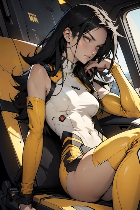 1 girl, black hair, yellow eyes, very long hair, pale skin, fit body, slender body, slim waist, large breasts, (confident expression), pilot suit, thigh gap, bare thighs, sleeveless, show bare legs, fit thighs, sitting in a cockpit