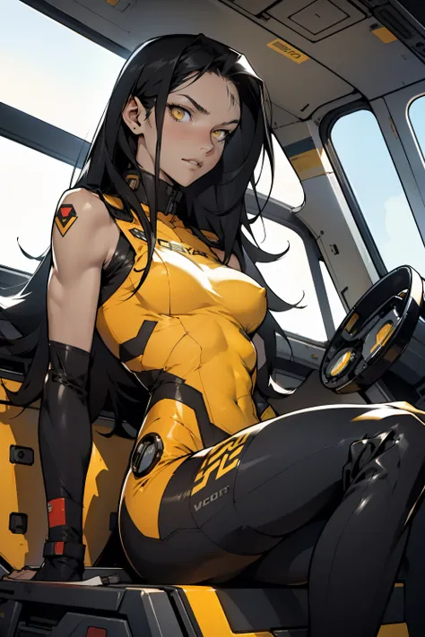 1 girl, black hair, yellow eyes, very long hair, pale skin, fit body, slender body, slim waist, large breasts, (confident expression), pilot suit, thigh gap, bare thighs, sleeveless, show bare legs, fit thighs, sitting in a cockpit