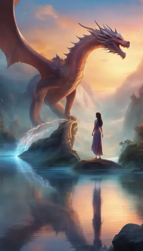 a beautiful lady standing in front of a dragon with water pouring, in the style of gongbi, mysterious backdrops, unreal engine 5, smooth and curved lines, photo-realistic --ar 61:128 --s 750 --v 5.2