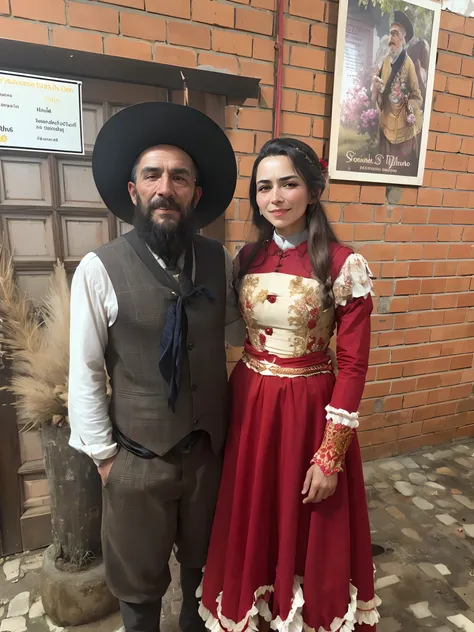 Theres a man and a woman dressed in costumes standing next to each other, vestindo trajes tradicionais, traje tradicional, roupas tradicionais, wearing authentic attire, ambos vestindo roupas vitorianas, wearing 1890s era clothes, traditional clothing, ves...