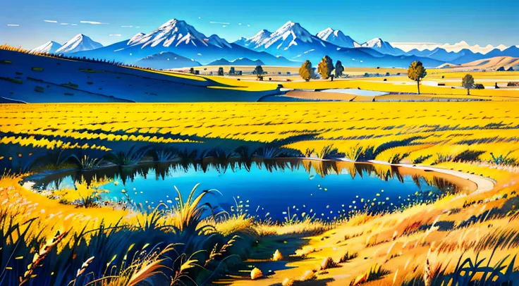 A field of golden wheat，Thirst cracked the ground，Damaged wheat fields，The wheat is crooked，blue open sky，hyper detailed illustration, lindo cenario, extremely detaile, mountains in the distant,