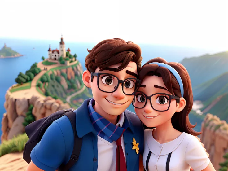 a man and woman couple on top of a Rocha mountain with glasses on their heads taking a photo in broad daylight