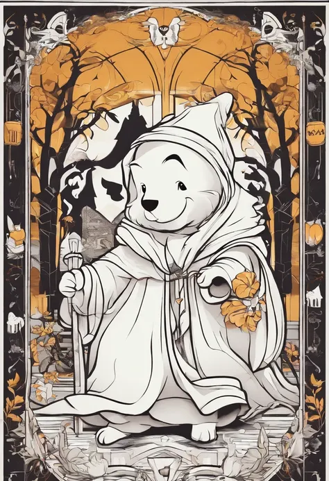 (Winne the pooh) dressed as a ghost, walking through a Halloween scene