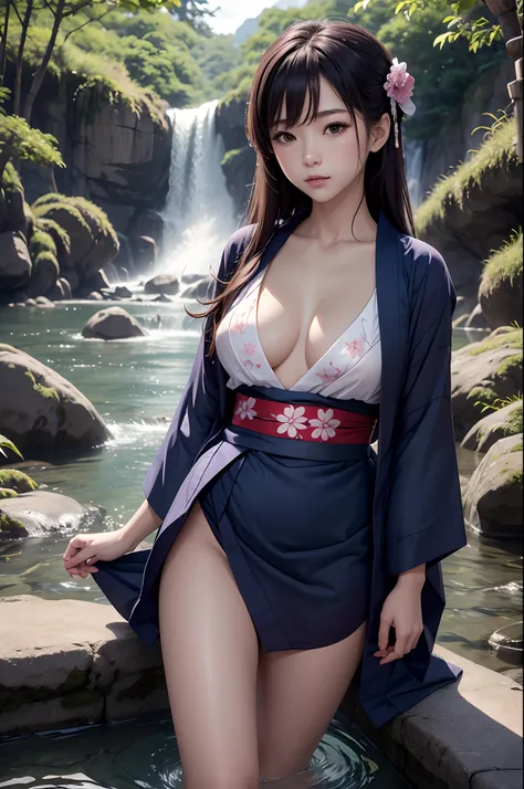 surrealism, Anatomically correct, masutepiece, Textured skin, Super detail, High details, Best quality, awardwinning, A high resolution, Alafinn woman in yukata playing in river water of 8k waterfall, classy yukata clothing, pale and coloured kimono, bath ...