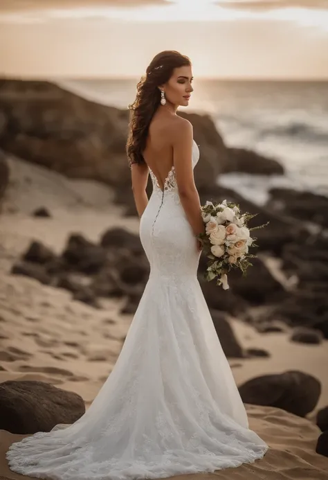 imagem realista, qualidade 8k, uma menina jovem, uns 25 anos, corpo exuberante, seios pequenos e lindos, cintura fina proporcional ao corpo, coxas grandes e macias, shes wearing a wedding dress, com um leve decote, Your hair is straight, longo e castanho, ...