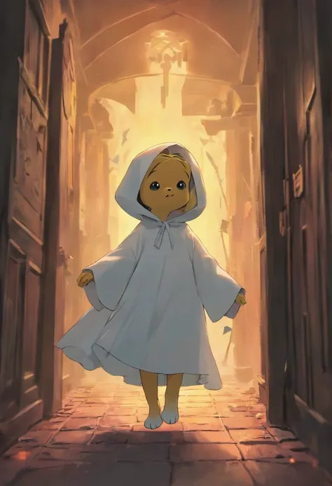 (Winne the pooh) dressed as a ghost, walking through a Halloween scene