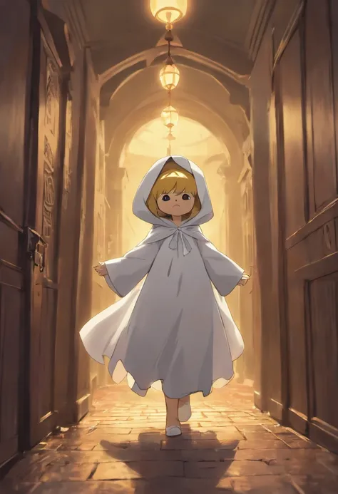 (Winne the pooh) dressed as a ghost, walking through a Halloween scene