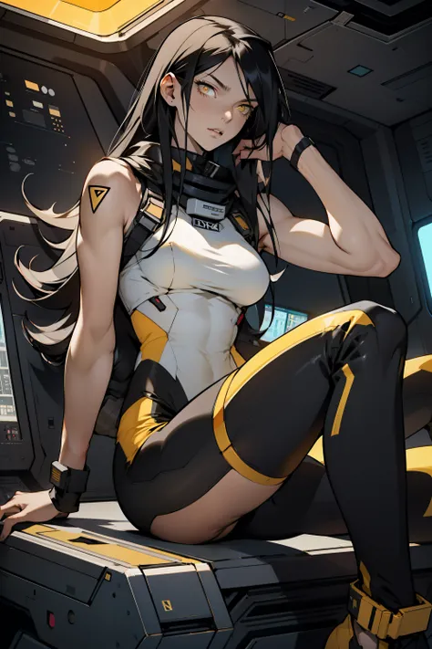 1 girl, black hair, yellow eyes, very long hair, pale skin, fit body, slender body, slim waist, large breasts, (confident expression), pilot suit, thigh gap, bare thighs, sleeveless, show bare legs, fit thighs, sitting in a cockpit of a spacecraft, view fr...