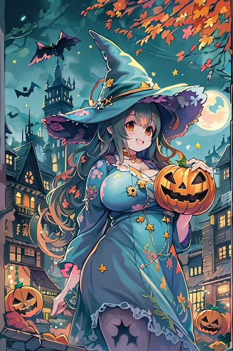 masutepiece,Charming Halloween Witches, Random coloring,2D, planar vector, T-shirt design, Colorful splashes, Fantasy Art, Watercolor effect,Digital Painting, white bg, 8K、night cityscape,bbw,Anime style、huge-breasted、BBW