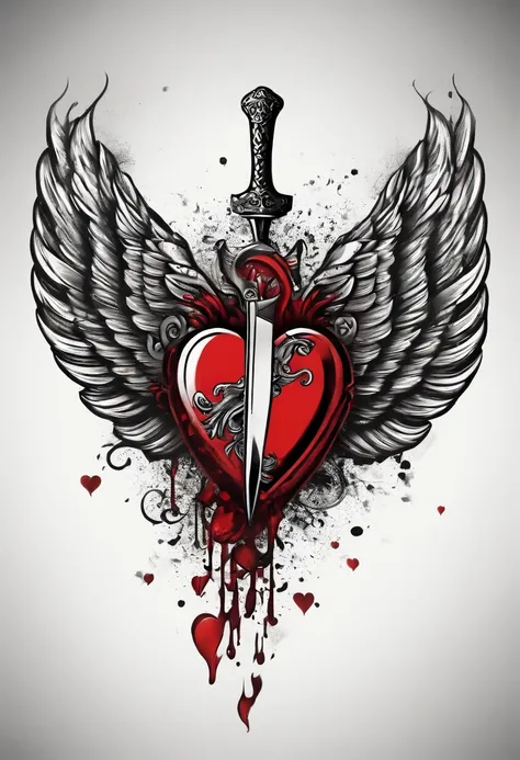 Vintage 70s Cartoon Black and Red Tattoo with a Winged Heart and a Knife Behind Broken Heart, desenhado a nanquim