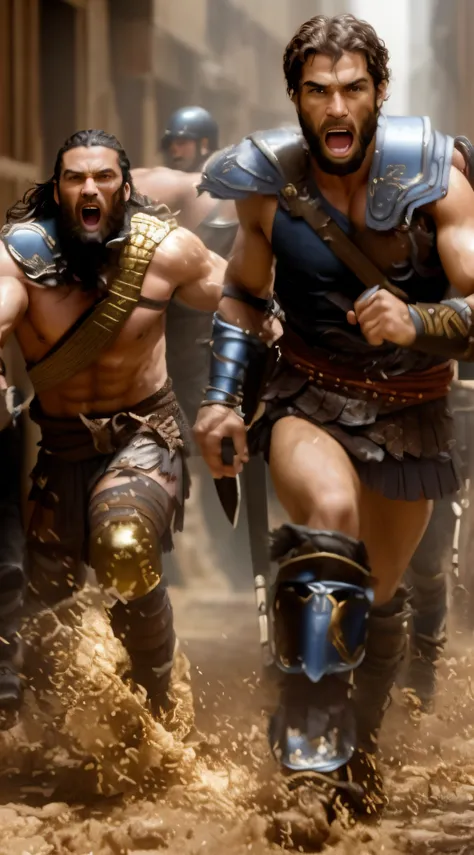 a group of men in gladia running through a dirty alley, in screenshot from the 300 movie, barbarians, leading spartans into battle, 300 the movie, by Alexander Fedosav, biblical epic movie, by Roman Bezpalkiv, henry cavill is a greek god, movie promotional...