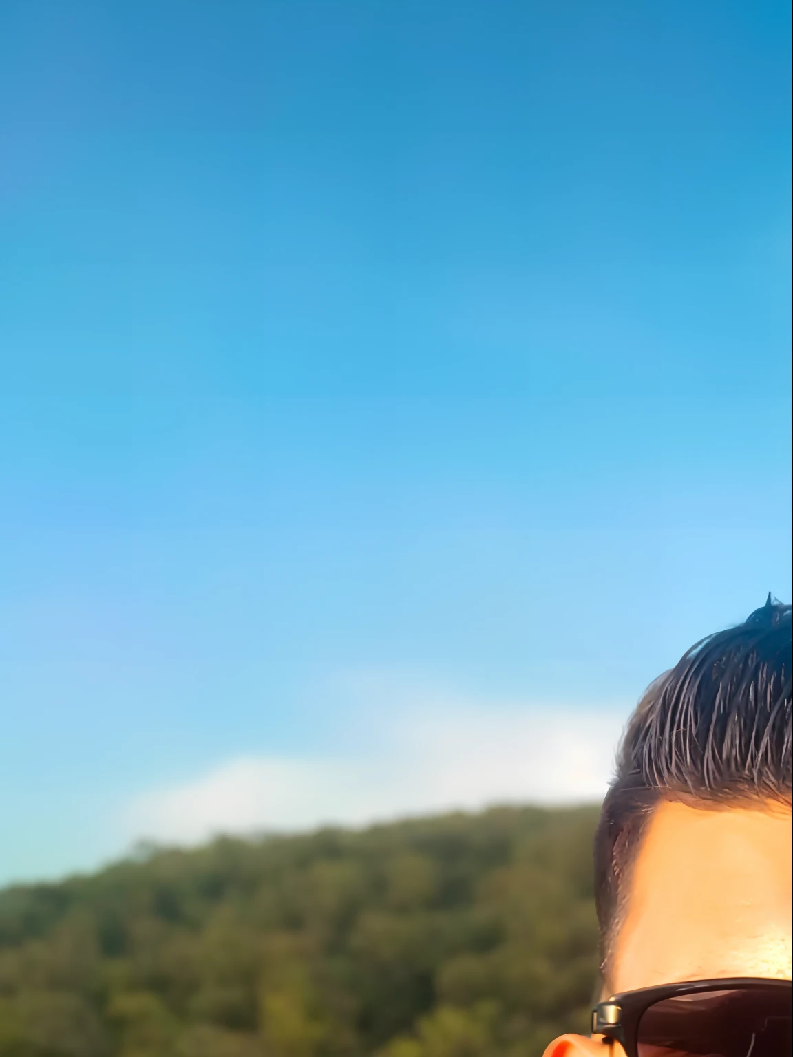 Smiling man in sunglasses in front of a mountain with trees, em frente a um fundo de floresta, in front of an amazing forest, Forrest em segundo plano, Colinas ao fundo, Forrest em segundo plano, com montanhas ao fundo, during sunset, com montanhas no fund...