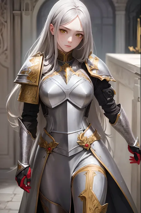 masterpiece, (realistic), highres, highly detailed, intricate, beautiful woman, Silver long hair, yellow eyes, freckles, detailed face, knight, (Red and Black armor.)