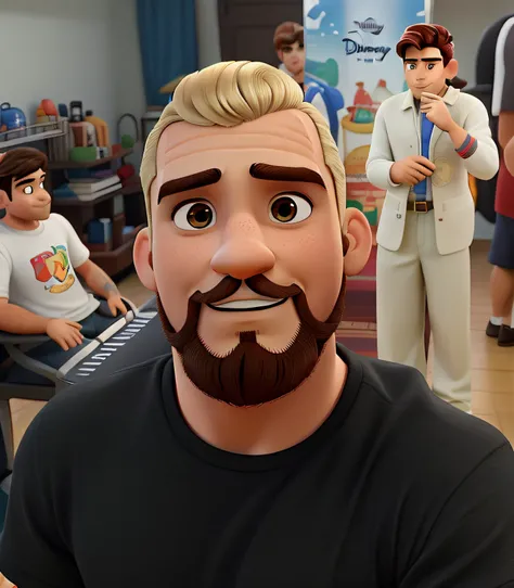 Homem moreno de cabelo curto loiro e corte na sobrancelha estilo disney pixar, alta qualidade, melhor qualidade