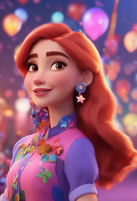 Estilo Pixar: loira alta, em um evento bem grande com varias mulheres, centro de eventos com cores roxo e rosa, varias mulheres assistindo os musicos toxar, 3D, disney